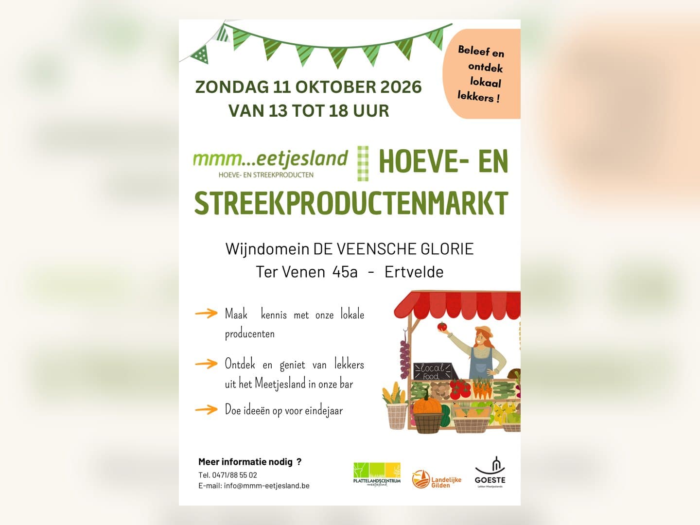 Flyer hoeve- en streekproductenmarkt mmm...eetjesland op zondag 11 oktober 2026 in Ertvelde