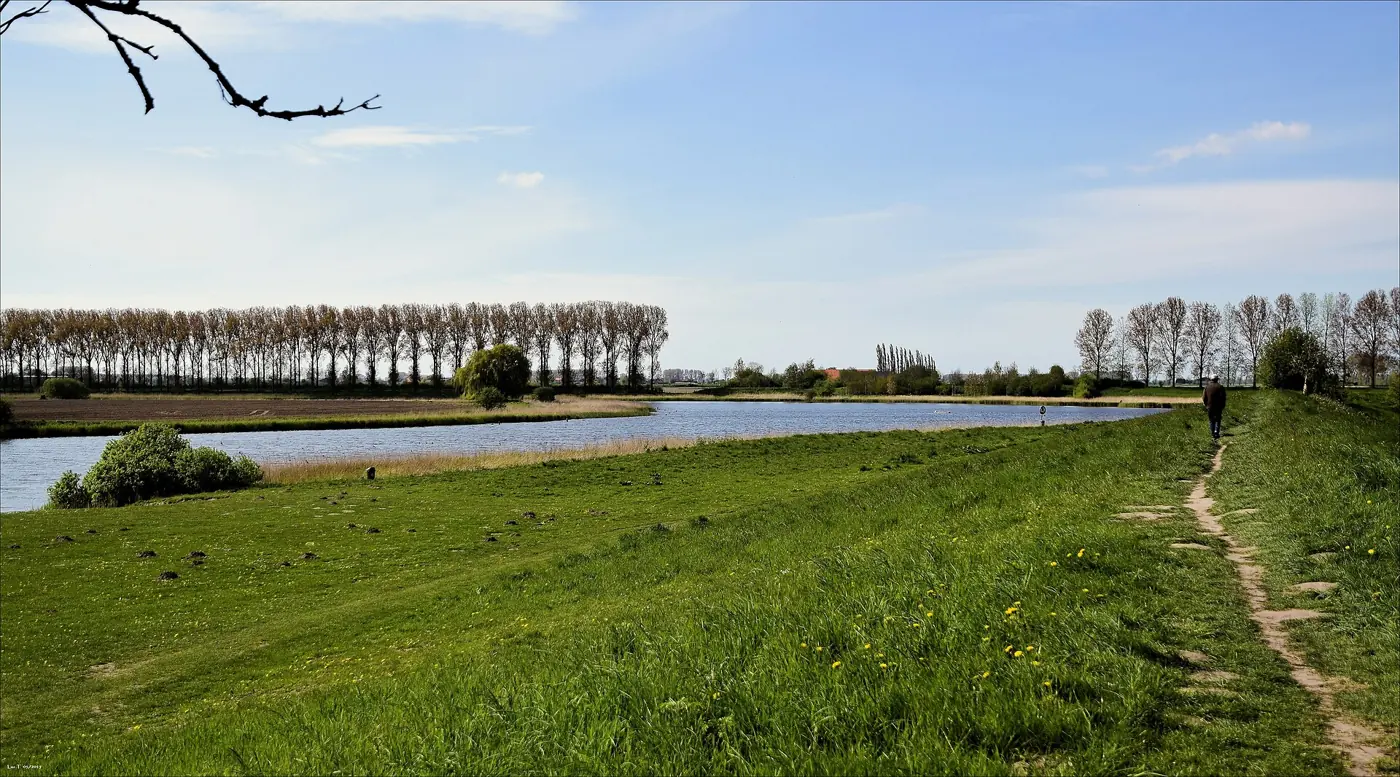Brede kreek met een grasdijk en een wandelpad op de voorgrond, rijen populieren aan de horizon, in het vlakke polderlandschap van Sint-Jan-in-Eremo.