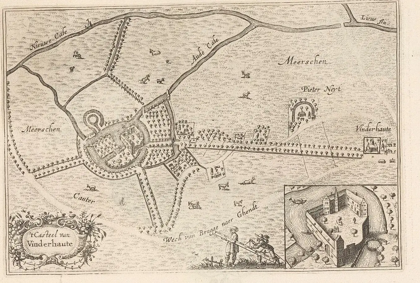 Gravure met een vogelvluchtzicht op het omgrachte kasteel van Vinderhoute met dreven en weilanden, en rechtsonder een inzet van de burcht.